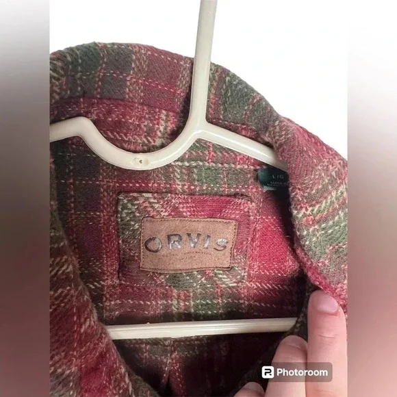 ORVIS Heavy Flannel Shirt Jacket Men’s Size L Plaid Red Green Beige Pockets - Picture 2 of 5